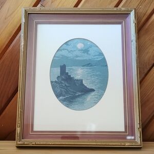 Vintage Framed Needlepoint Coastal Castle Seascape Wall Art